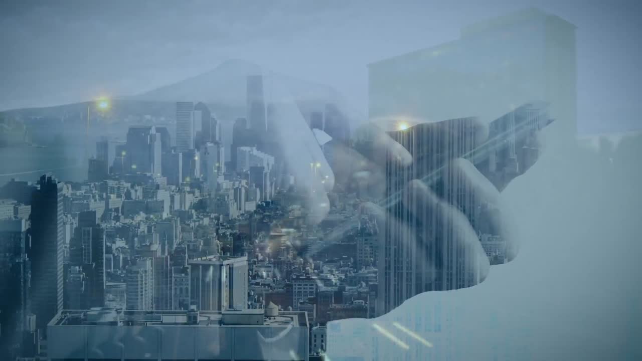 도시 풍경 위에서 스마트폰을 사용하는 사람의 애니메이션