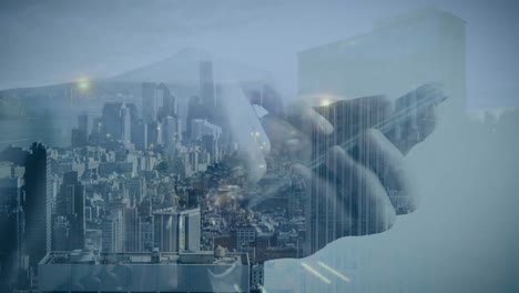 animation of man using smartphone over cityscape