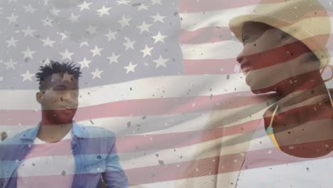 Animation-of-happy-african-american-couple-by-sea-over-flag-of-usa