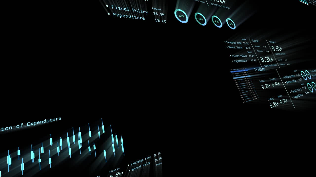 Animation of financial data processing with numbers over black background