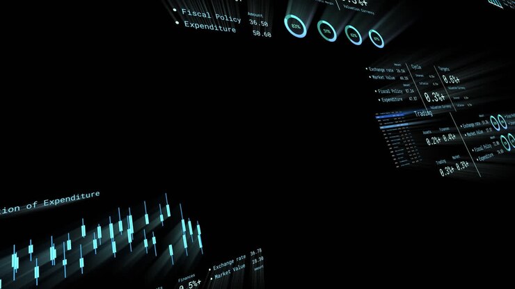 Animazione di elaborazione dati finanziari con numeri su sfondo nero