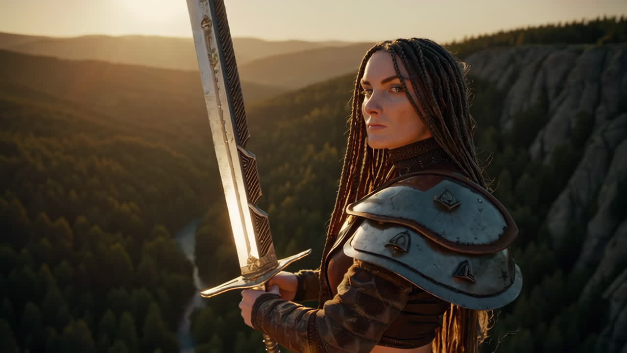 mujer guerrera con espada en la cima de la montaña al atardecer