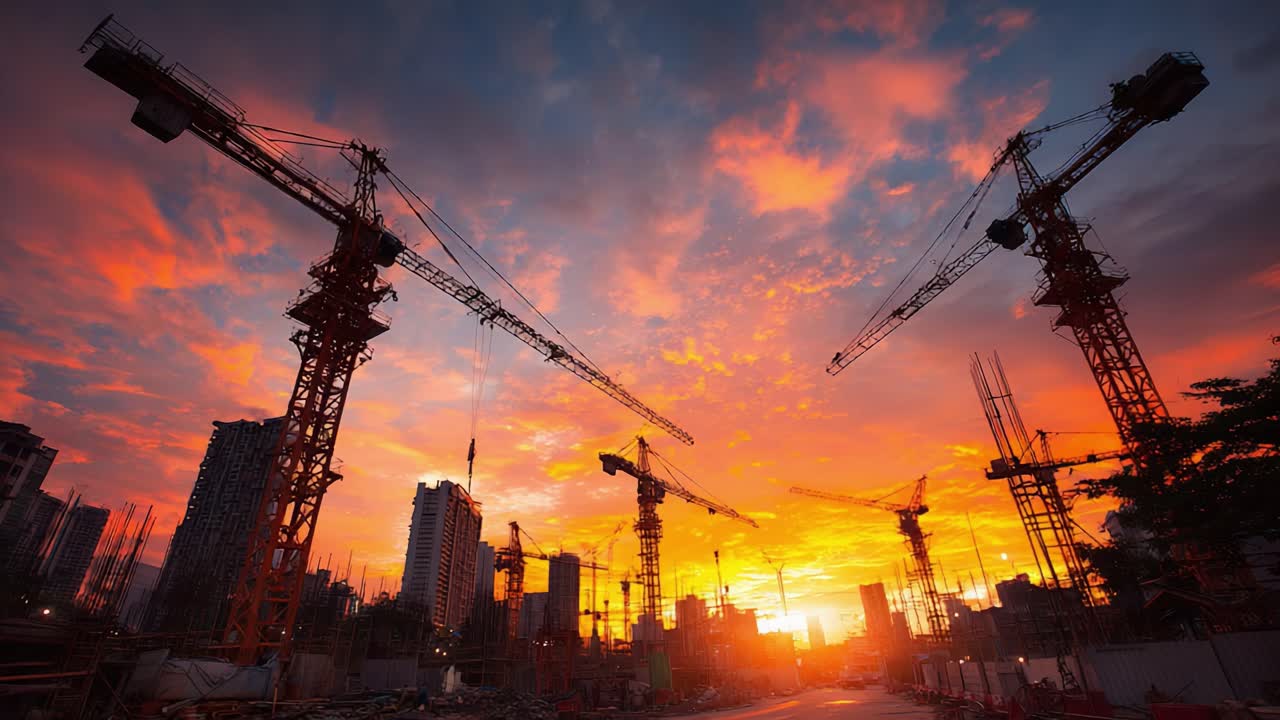 A Stunning Sunset Over a Construction Site with Tower Cranes Silhouetted Against a Vibrant Sky, Capturing the Transition from Day to Night in Urban Development