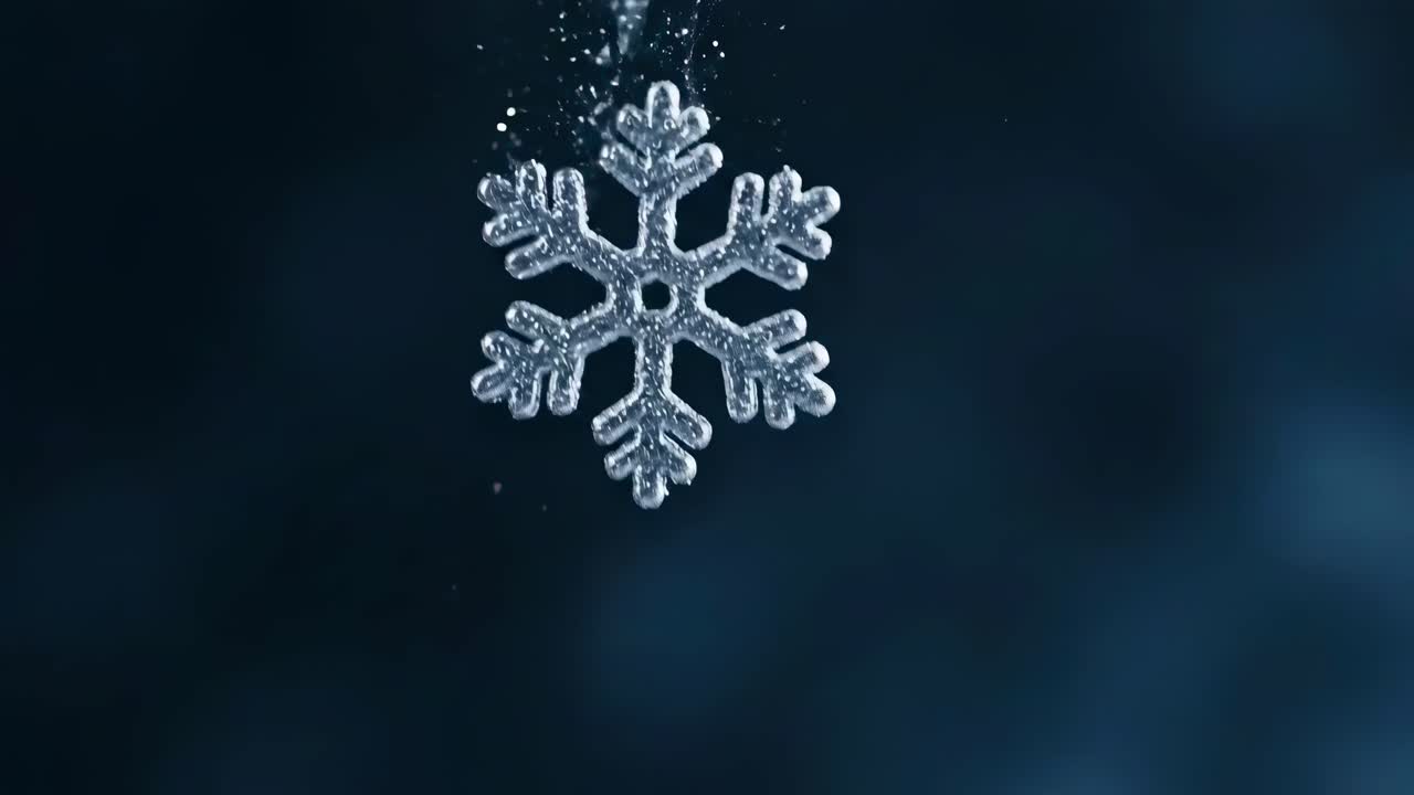 Close-up video of a snowflake falling, captured from a side angle against a dark background