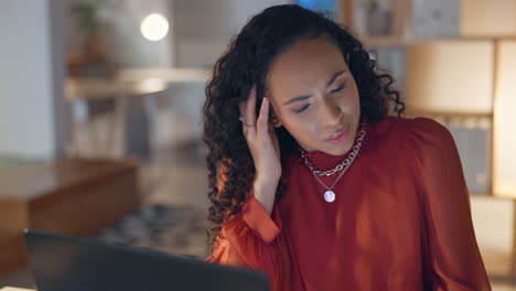 Laptop, burnout and business woman yawning