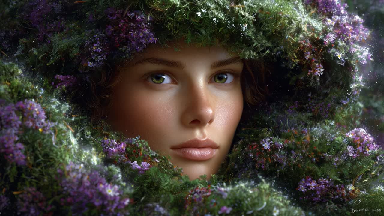 Un’espressione serena nella natura: un ritratto enigmatico di una giovane donna circondata da una vegetazione lussureggiante e vivaci accenti floreali, che evoca tranquillità e connessione con la Terra