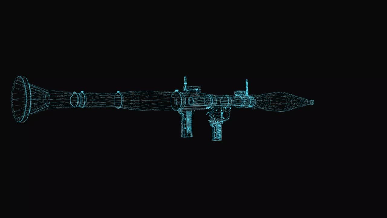 크 방어 로켓 rpg 7 와이어 프레임 스키마: 블루 그리드 라인과 함께 3d 렌더링, 검은색 배경에 루프 회전