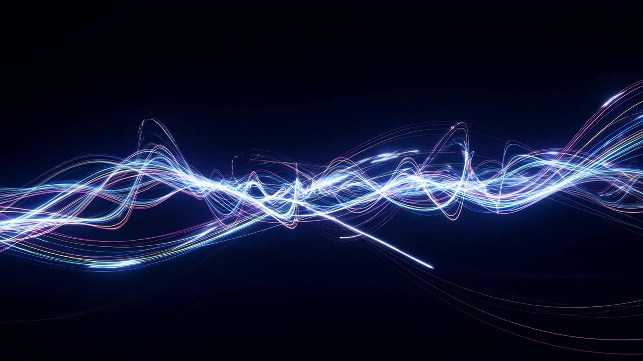 Electric Blue Light Waves Racing Across Dark Background, Flowing Multicolor Streaks Create Energetic Waveform,