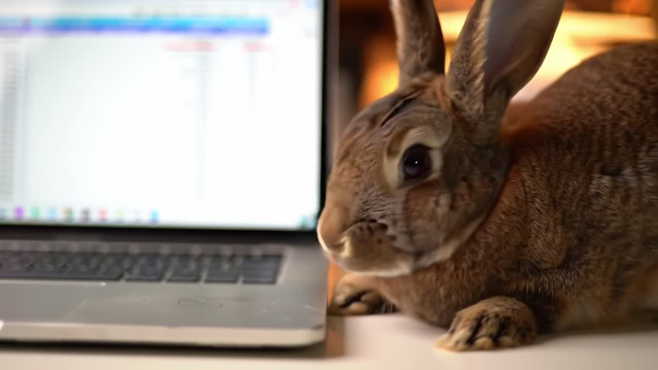 Curious Bunny Observing a Laptop Screen While Relaxing on a Desk: A Close-Up View of Its Soft Fur and Gentle Features Amidst Technology and Nature
