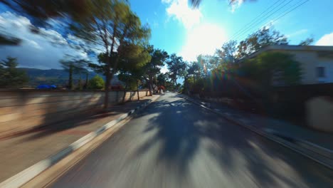 pov footage of a wooded village road