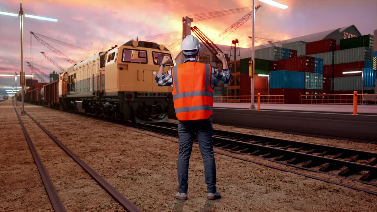 Worker Celebrating Successful Train Arrival at Port