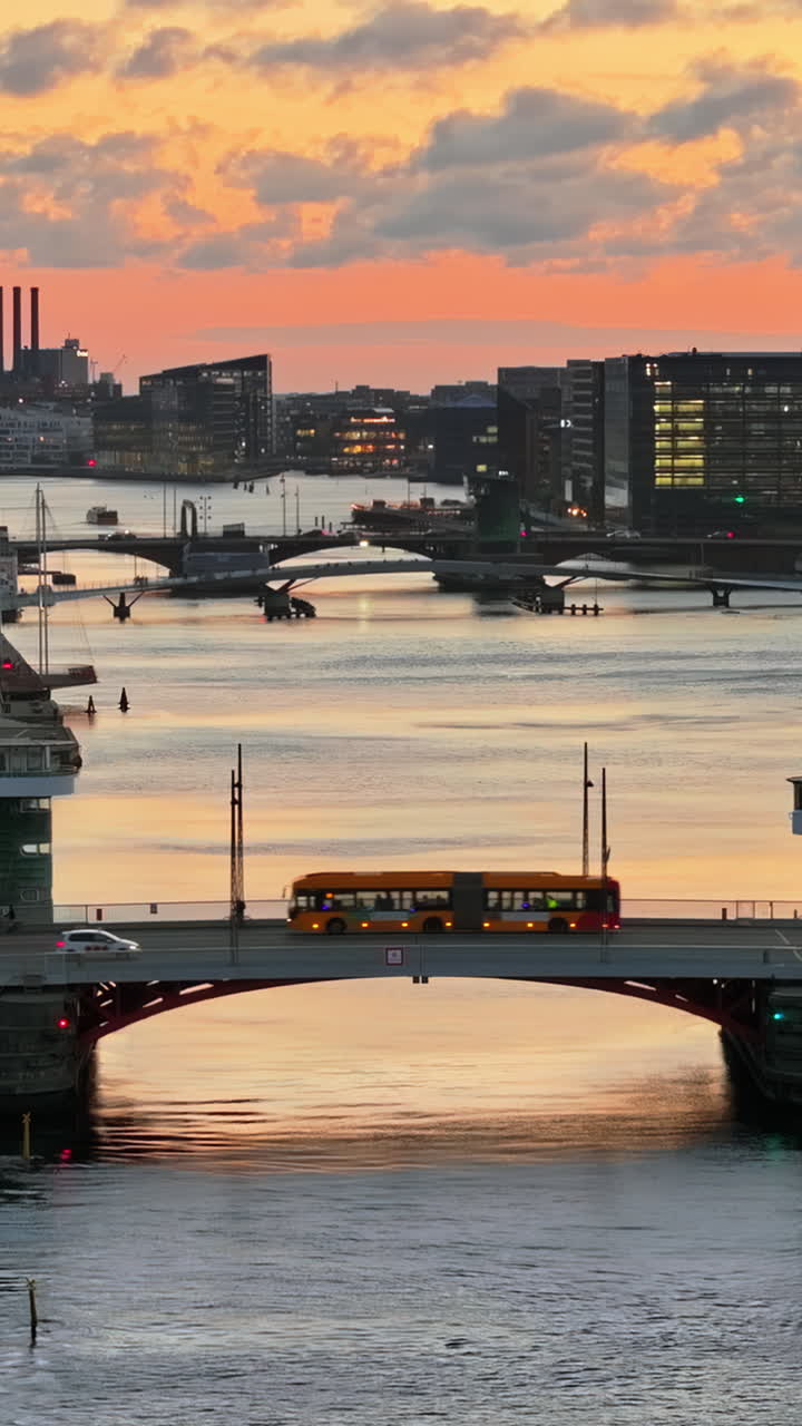 Aerial drone view of Borsen historical place in Copenhagen, Denmark in the evening. Vertical