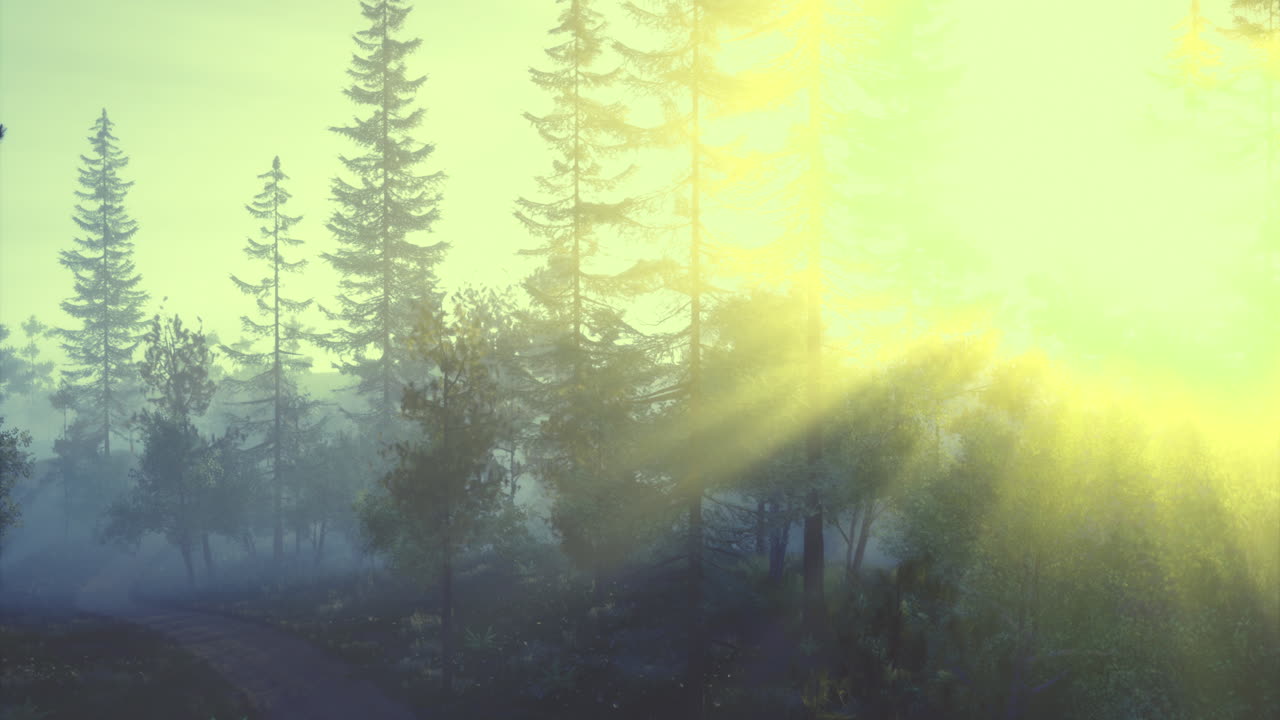 Sunlight breaks through trees in a peaceful forest setting at dawn
