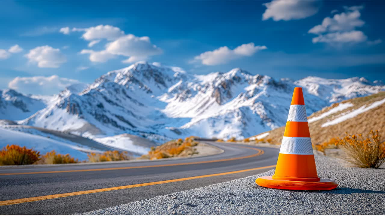 Cone on mountain road. A traffic cone stands beside a winding road in a mountainous area with snow on the peaks during clear weather