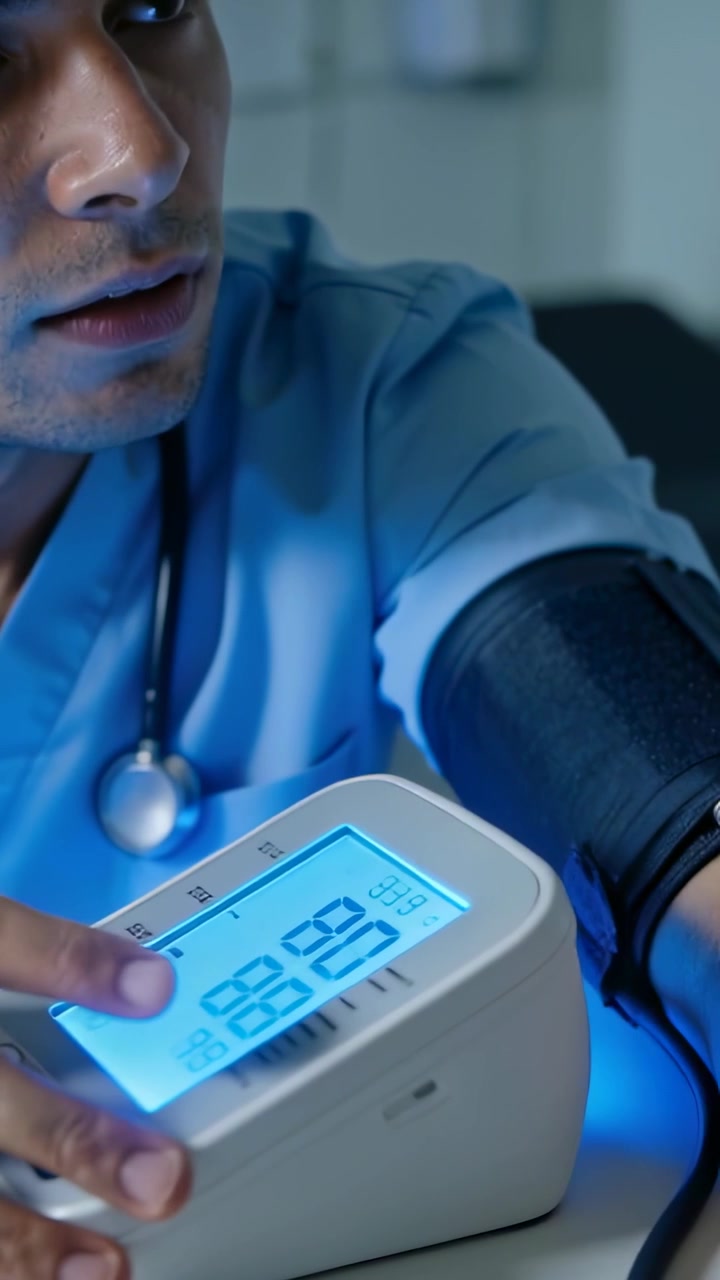 Video verticale: Infermiera in divisa che si china, illuminata da un LCD, mentre tocca l'unità di misurazione della pressione sanguigna in clinica leggendo i valori del bracciale.