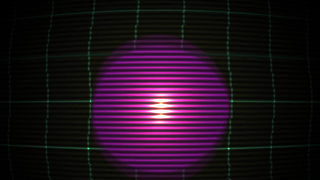 Globo Viola Pulsante con Linee di Scansione su Griglia Verde Distorta