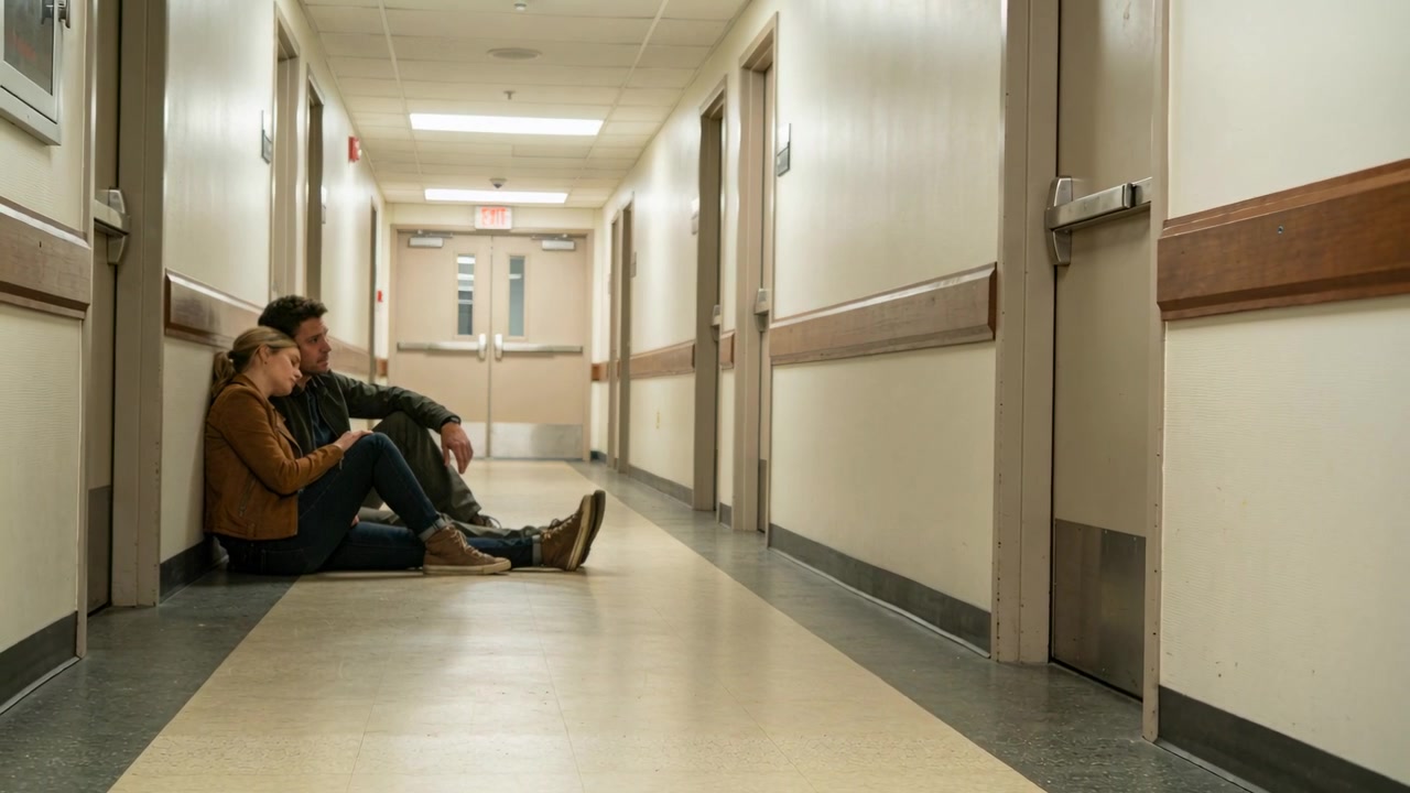 Sittende par, kvinne i brun jakke holder papirer, venter på lege på klinikk, med plass til tekst.
