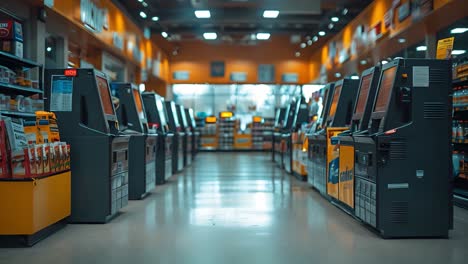 empty self-checkout lanes in a modern supermarket