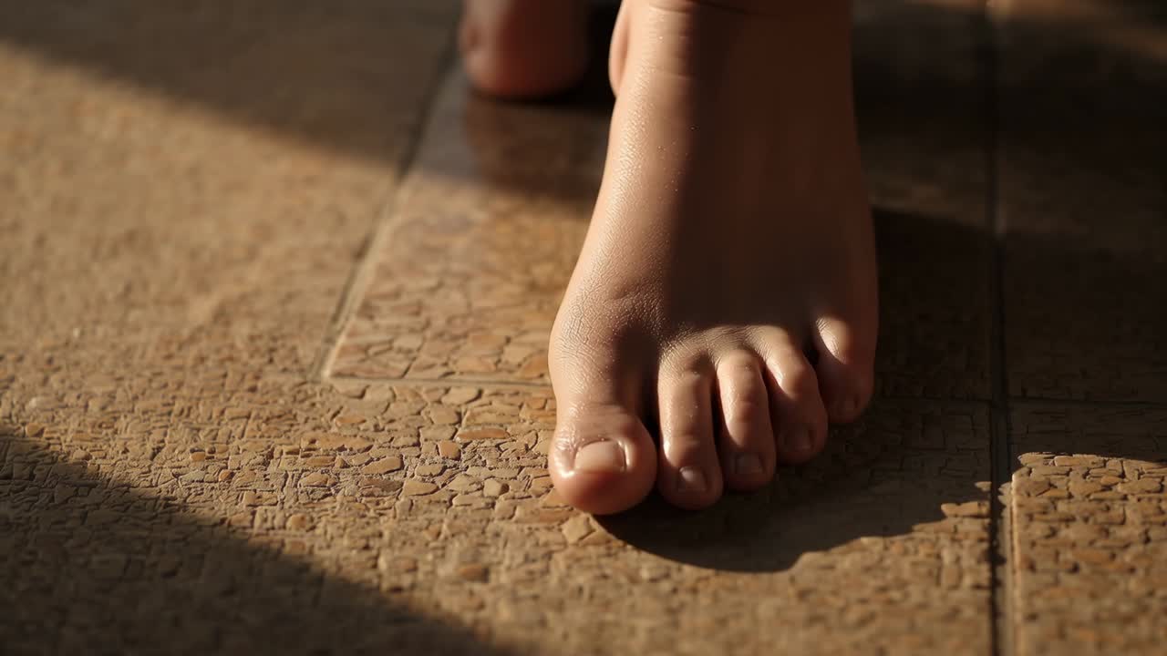 Spostando il peso, i piedi che arricciano le dita, sollevando il tallone, rotolando in avanti sulle piastrelle uscendo dall'inquadratura