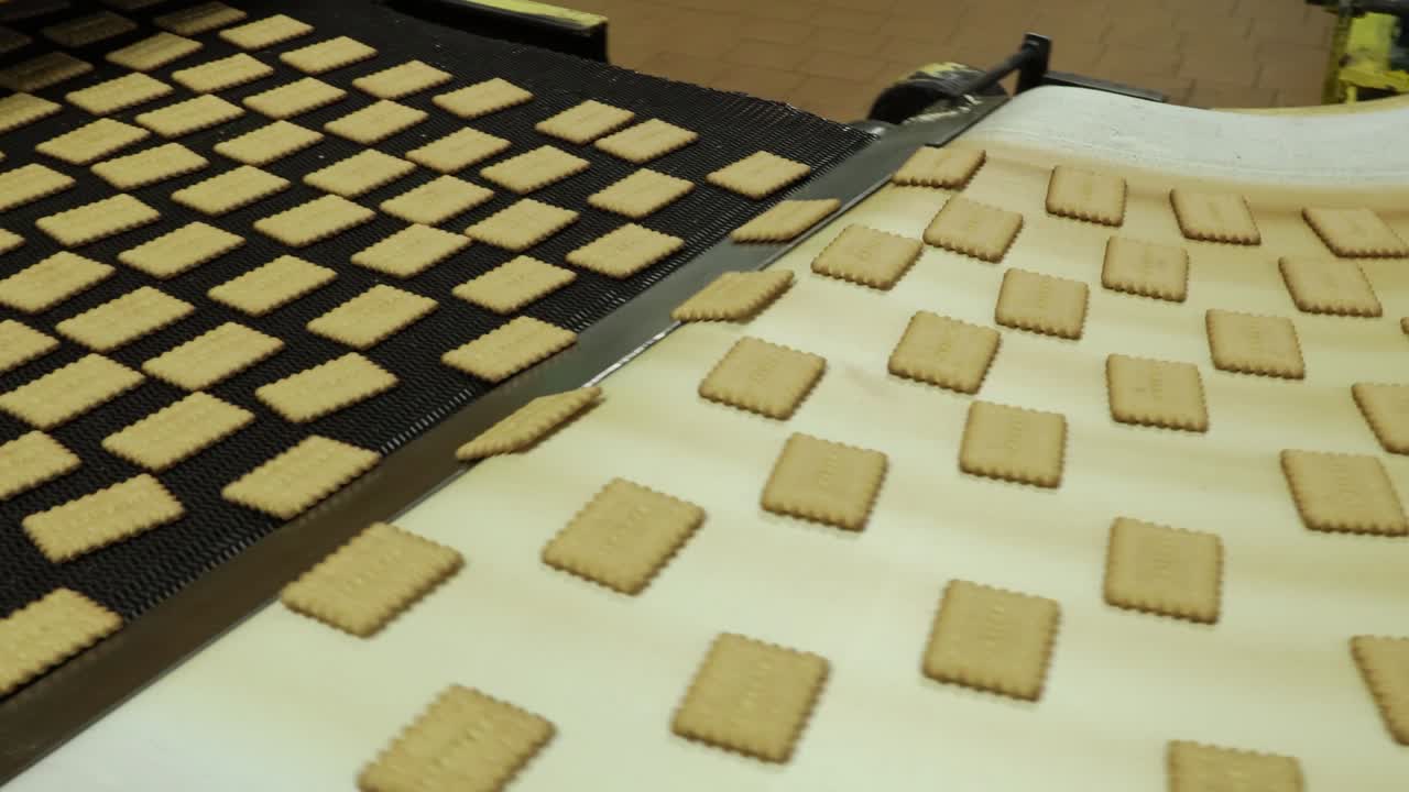 conveyor with sweet cookies at a confectionery factory
