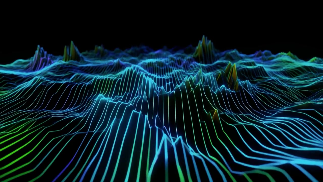 Abstract Digital Landscape with Moving Neon Lines