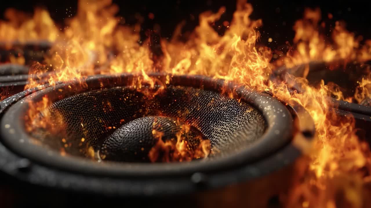 Intens fremvisning af dynamisk lydudstyr omgivet af flammer, der fremhæver den kraftfulde fusion af lyd- og visuel energi i en dramatisk atmosfære