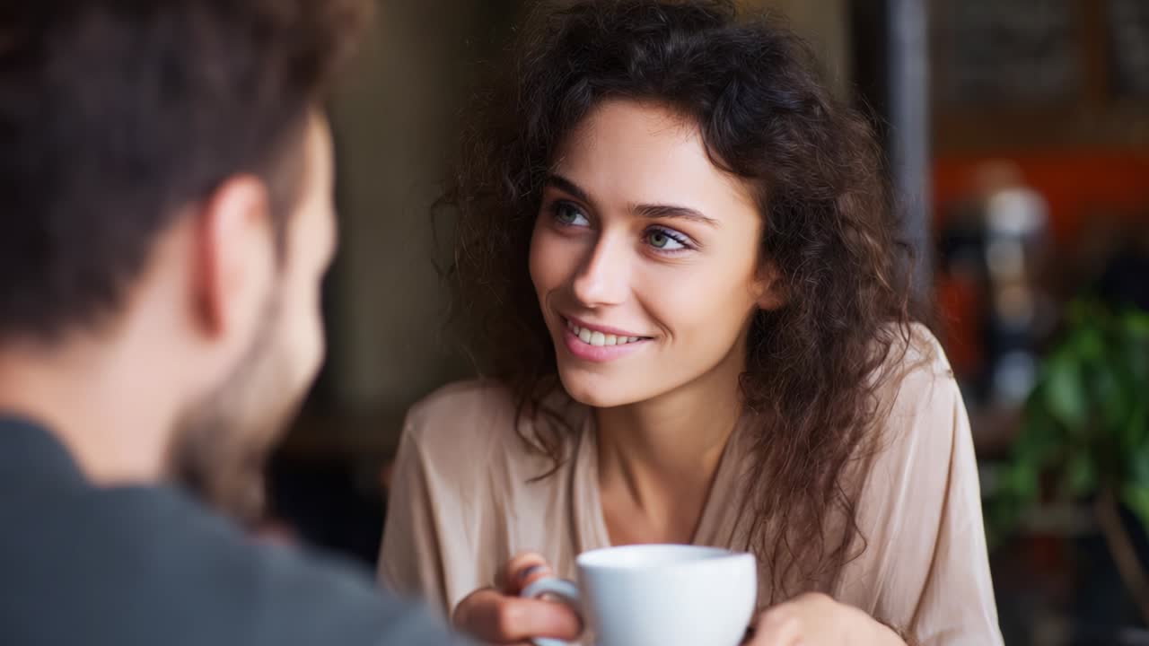A candid moment captured between two individuals enjoying a cozy conversation over coffee, showcasing expressions of joy and connection in a warm caf? setting