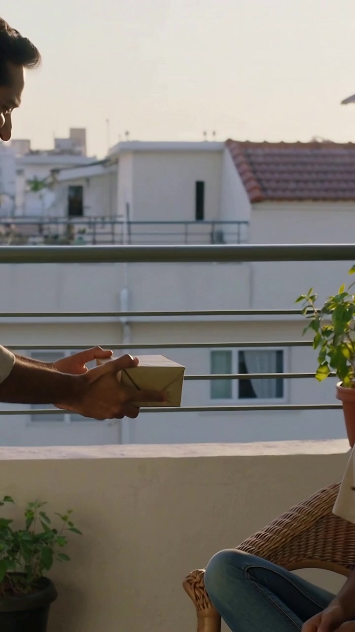 Video verticale: Papà che da sinistra consegna una scatola regalo sul balcone, ragazza che si allunga in jeans.