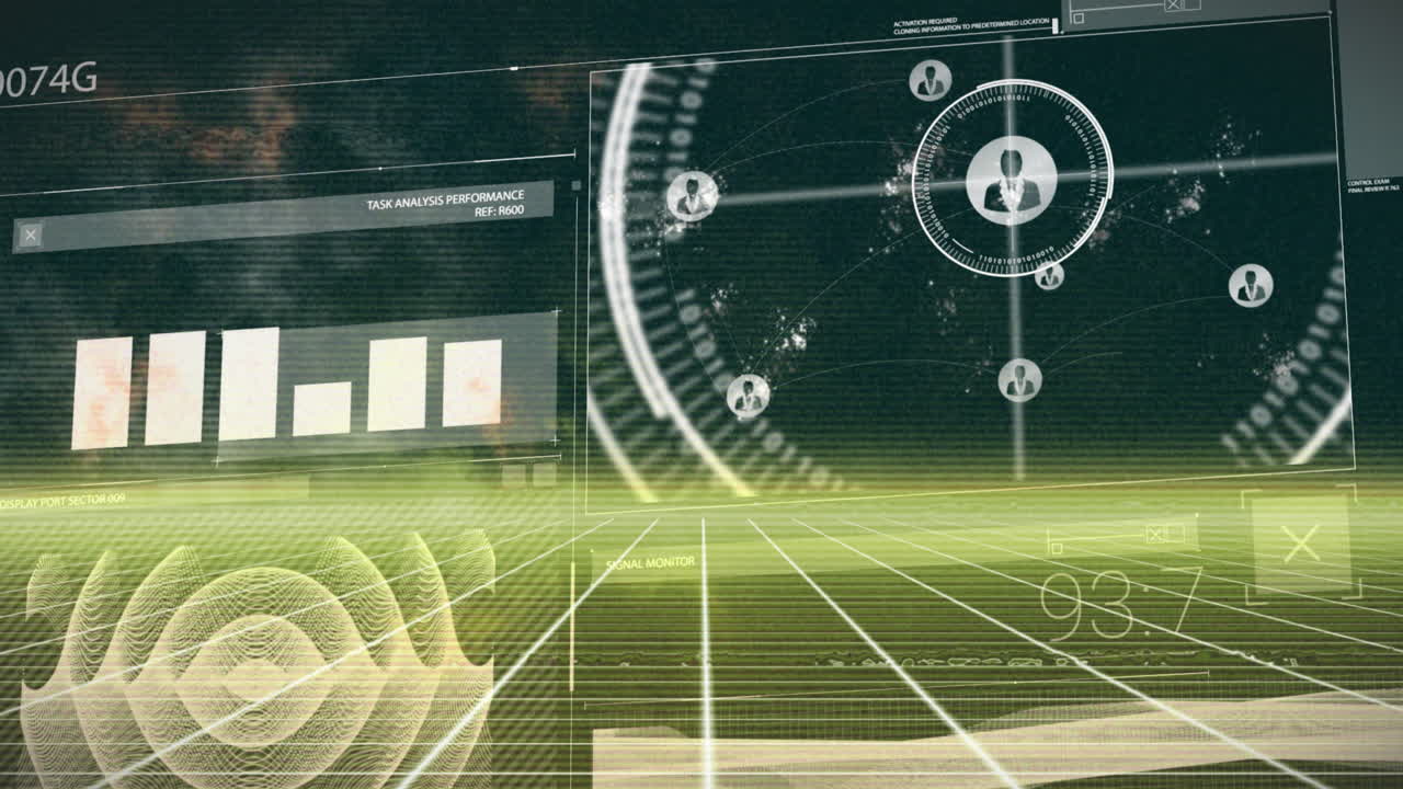 animación de la interfaz con procesamiento de datos a través de la red de cuadrícula amarilla contra fondo negro