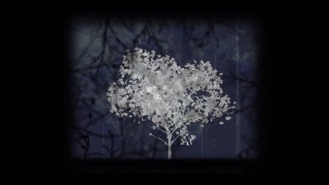 animación digital del efecto de falla de vhs contra árboles espeluznantes sobre fondo negro
