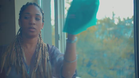 young mixed race woman cleaning windows with cloth on summer day