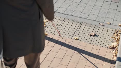 hombre con discapacidad visual cruzando la carretera con su palo con la ayuda de la acera táctil para peatones para discapacitados visuales en la ciudad.