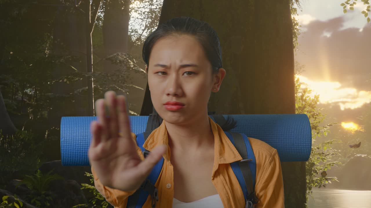 Close Up Of Asian Female Hiker With Mountaineering Backpack Looking At Camera And Making Stop Hand Sign While Exploring Forest Nature