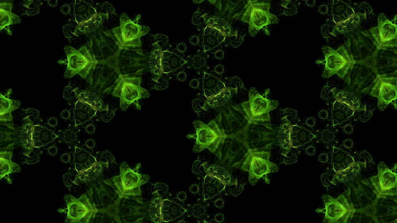 Abstract pattern of glow particles in motion. Green ink kaleidoscopic effect of glow particles on black background with luma matte as alpha channel. Flow advection like ink effect