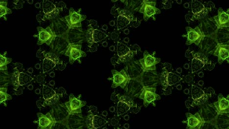 abstract pattern of glow particles in motion. green ink kaleidoscopic effect of glow particles on black background with luma matte as alpha channel. flow advection like ink effect