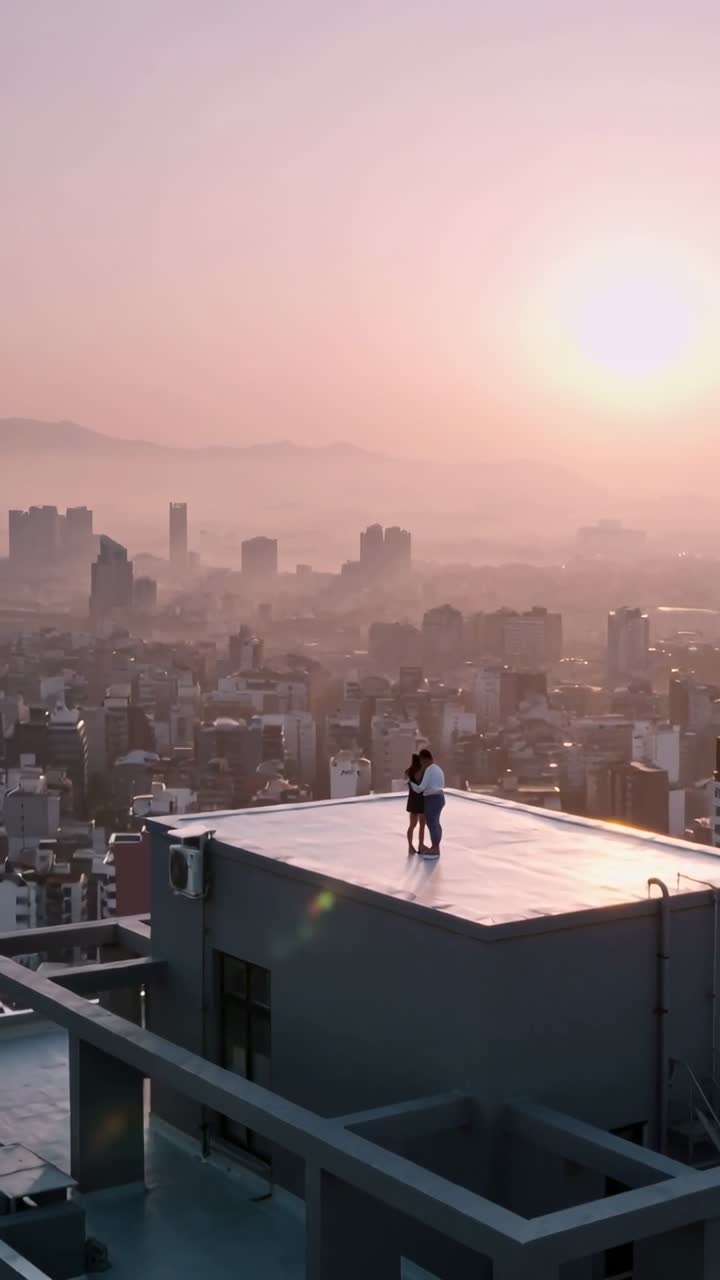 Vertical video: Standing couple embracing, camera pulling back, watching roof sunset, white top, AC