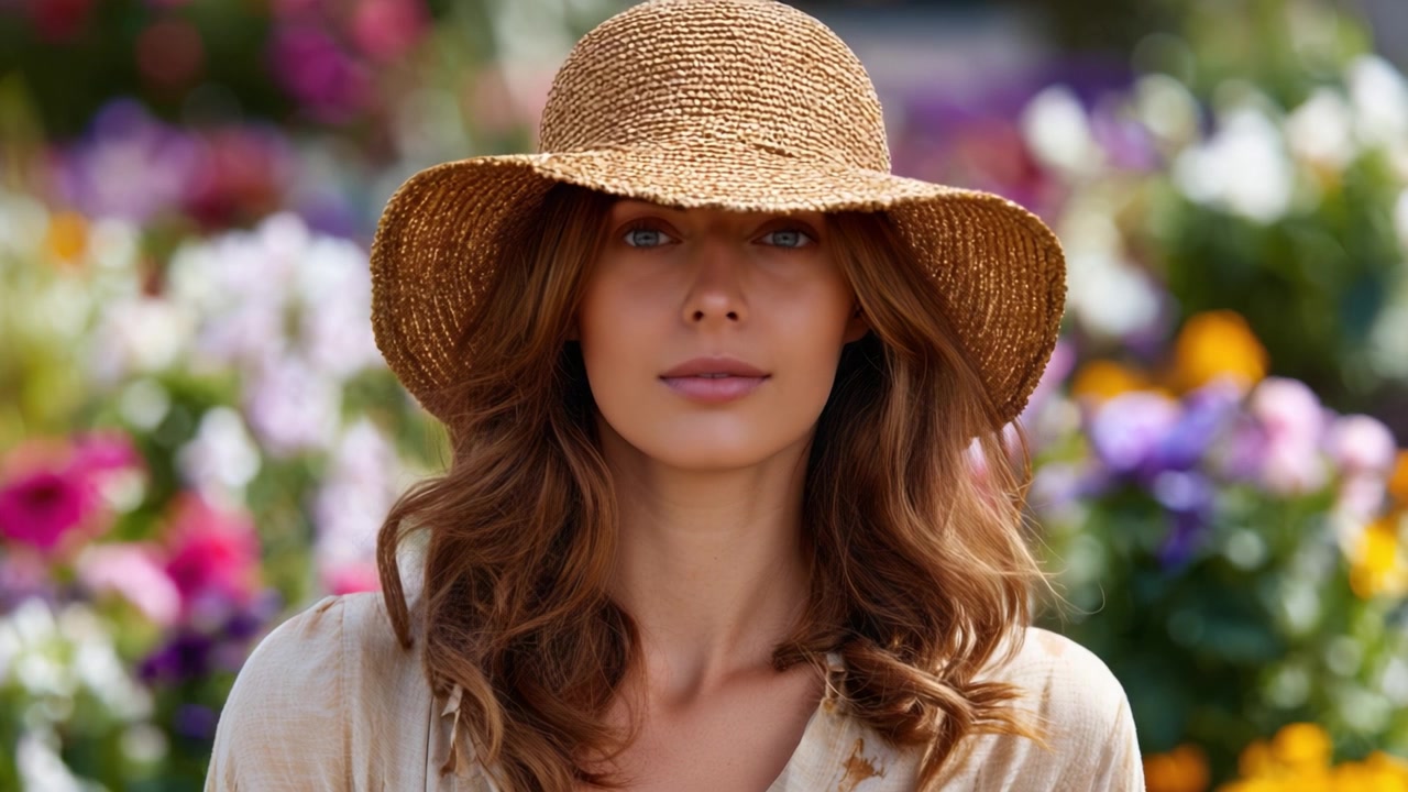 Una bella donna con un cappello da sole circondata da fiori colorati, che incarna grazia ed eleganza in un lussureggiante giardino in una giornata calda e soleggiata