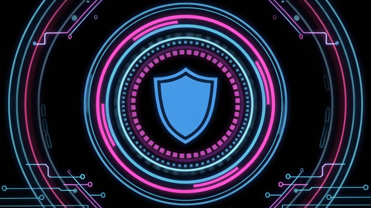 Animated Digital Shield Icon with Futuristic Cyber Security HUD