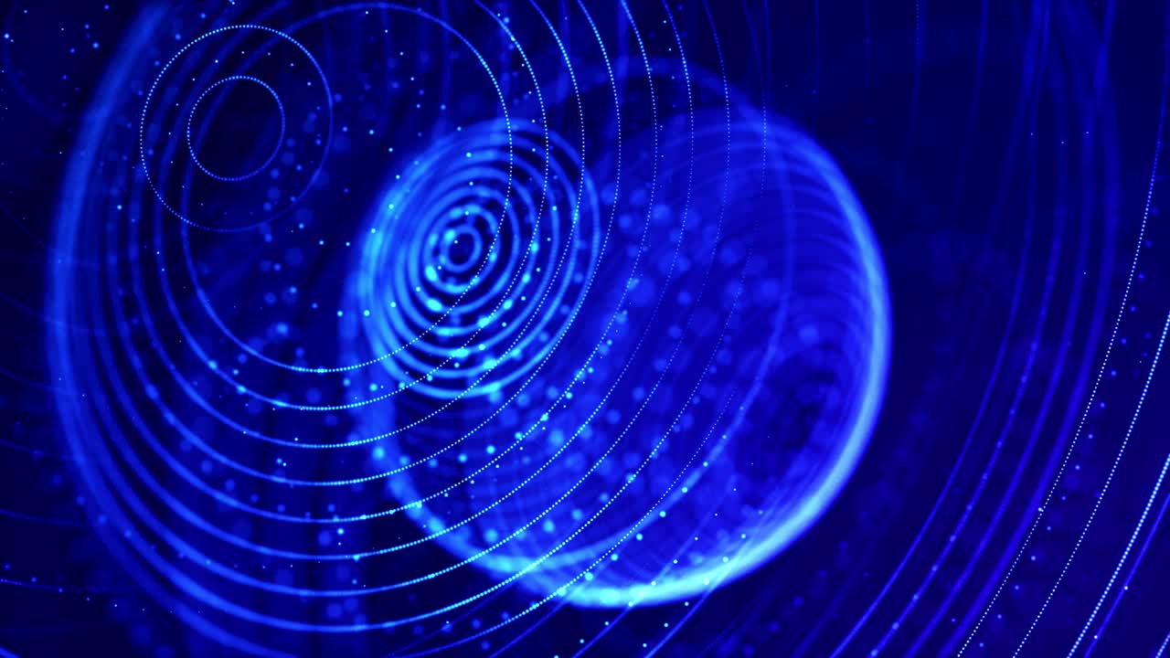 Glow blue particles form lines, surfaces, complex round structures in smooth motion like in microworld or space. 4k looped sci-fi particle background with bokeh and light effects.
