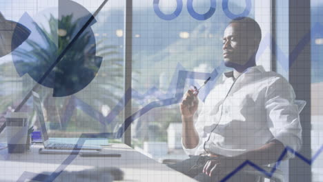 animation of financial data processing over african american businessman working in office