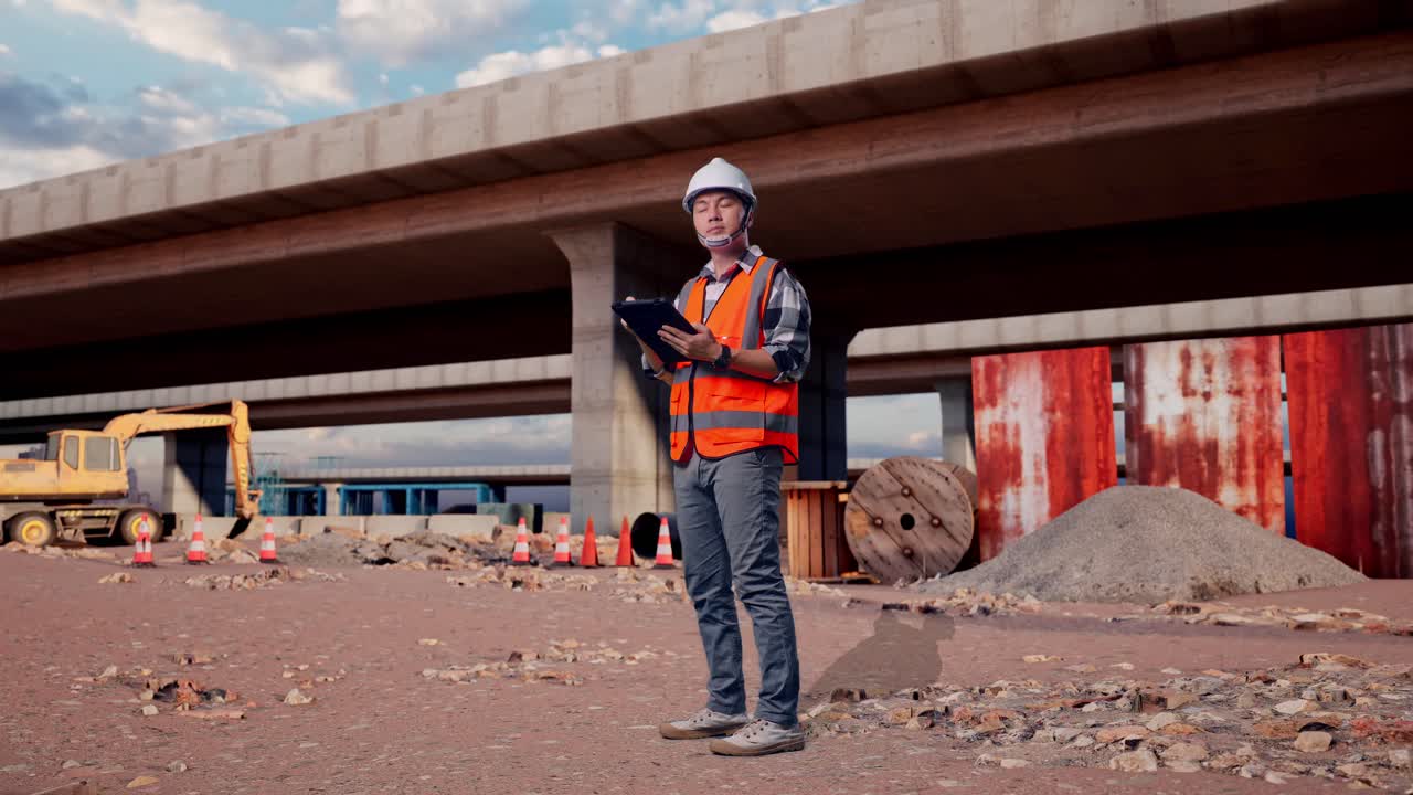 Full Body Side View Of Asian Male Engineer With Safety Helmet Taking Note On The Tablet And Looking Around While Standing At The Site of Highway Construction