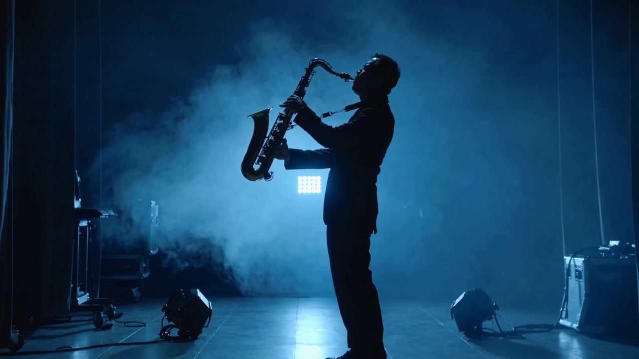 Indicazione luminosa che segnala un sassofonista in controluce che solleva il bocchino e suona sul palco in completo, tra la nebbia.