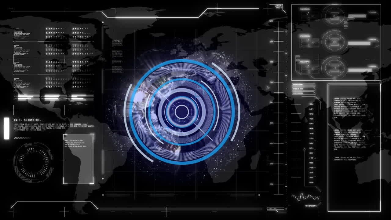 animación del escaneo del alcance, los números y el procesamiento de datos sobre fondo azul