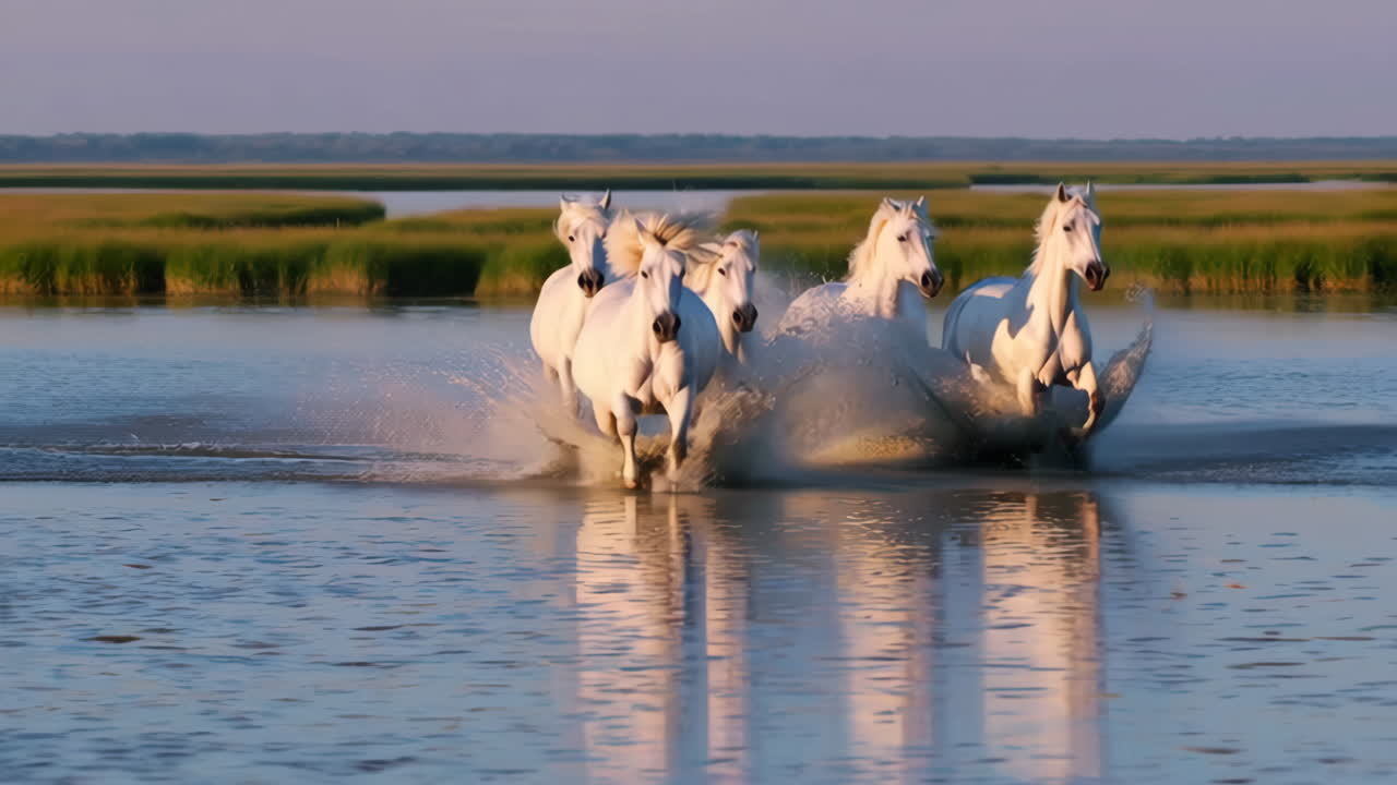 Majestic White Horses Galloping Through Water in a Wetland