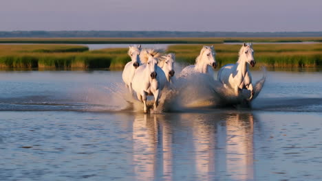 majestic white horses galloping through water in a wetland