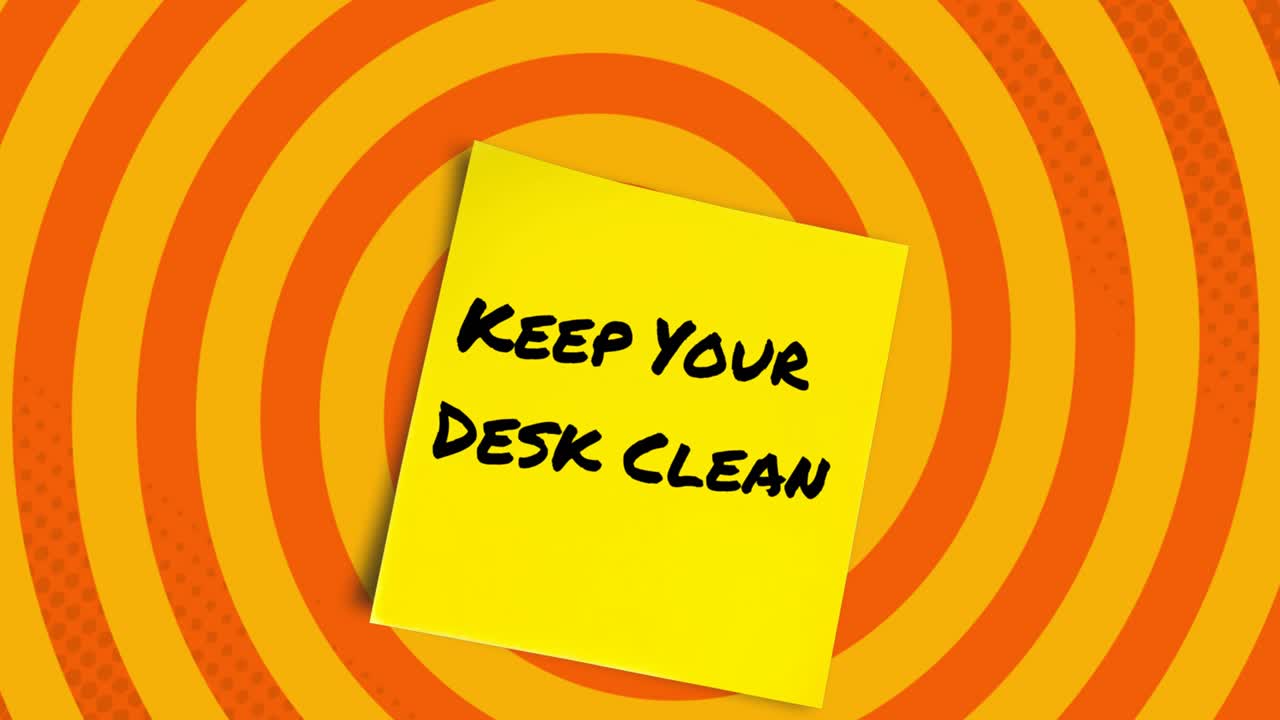 animación de mantener su escritorio limpio nota sobre círculos giratorios naranjas y amarillos