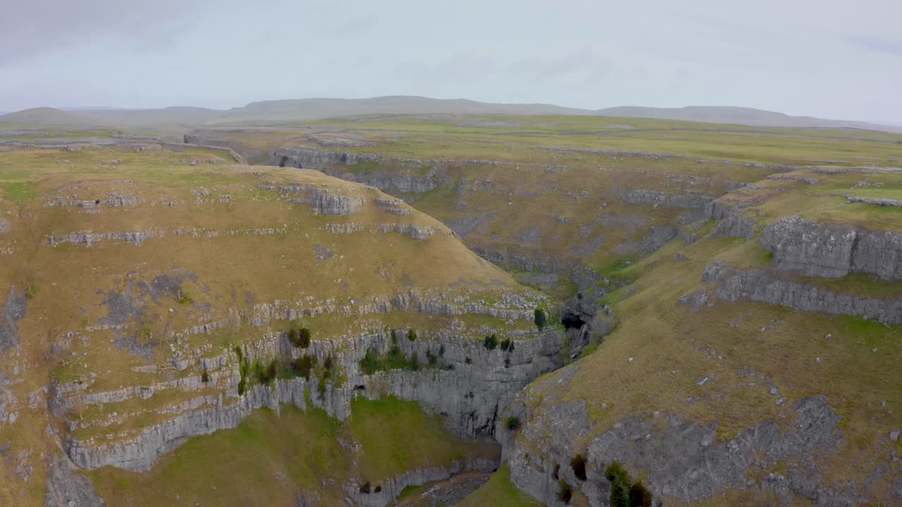Aeriel footage Gordale Scar is a limestone ravine near Malham, North Yorkshire, England