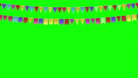 animatie van hangende vlaggen krans geïsoleerd op groene scherm achtergrond. carnaval krans met wimpers op chroma sleutel achtergrond voor verjaardagsviering, festival. 4k grafische beweging