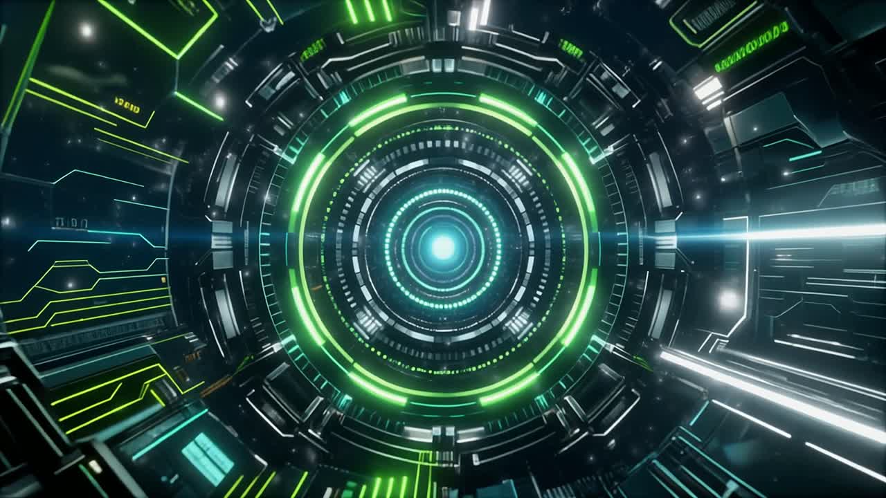Muoversi attraverso un tunnel digitale futuristico con luci al neon