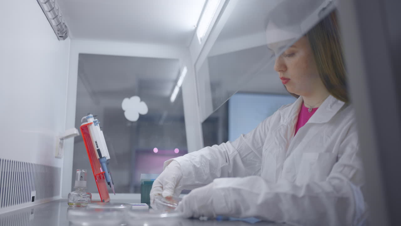 женщина в лабораторном пальто работает в лаборатории